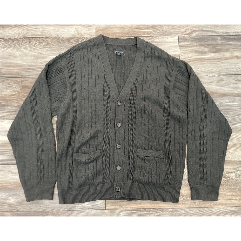 St Johns Bay Mens XL Green Cable Knit Button Front Cardigan Sweater Grandpa